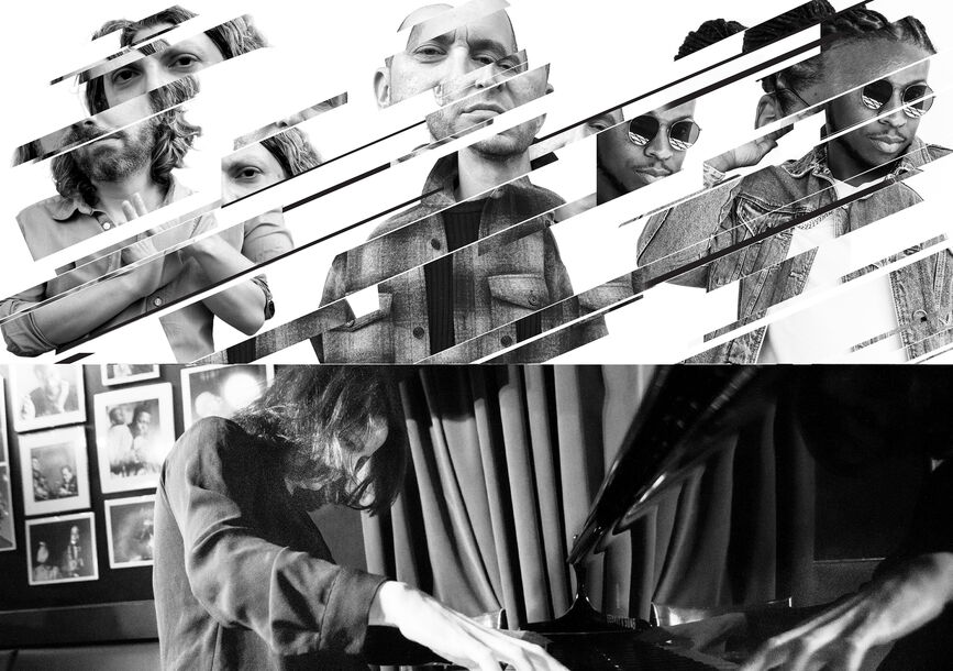 Steve Lehman & Garden of Klons are collaged over white (top) and Kris Davis plays the piano (bottom).