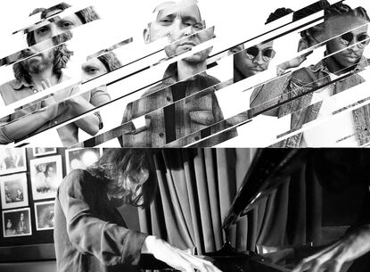 Steve Lehman & Garden of Klons are collaged over white (top) and Kris Davis plays the piano (bottom).